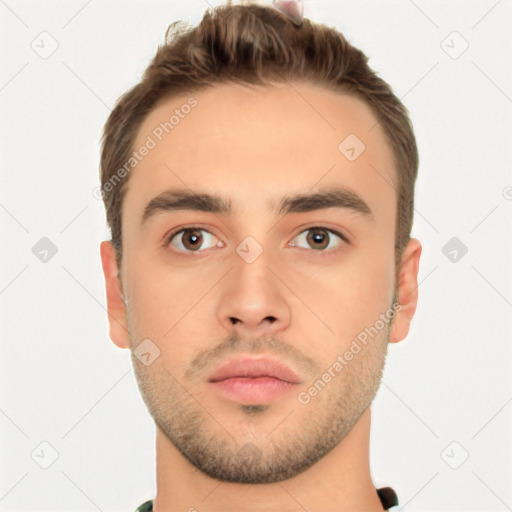 Neutral white young-adult male with short  brown hair and brown eyes