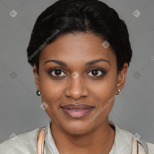 Joyful latino young-adult female with short  black hair and brown eyes