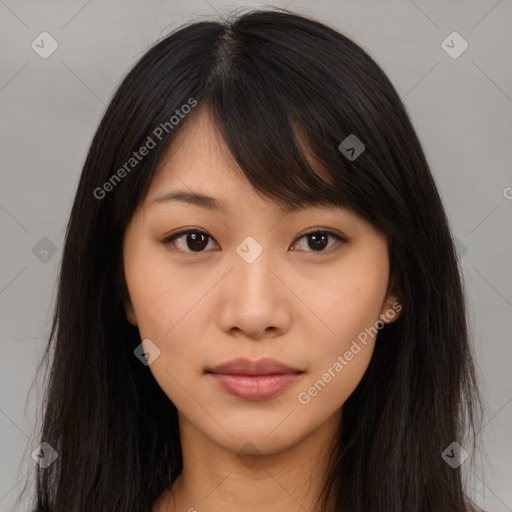 Neutral asian young-adult female with long  brown hair and brown eyes