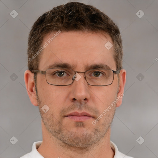 Neutral white adult male with short  brown hair and brown eyes