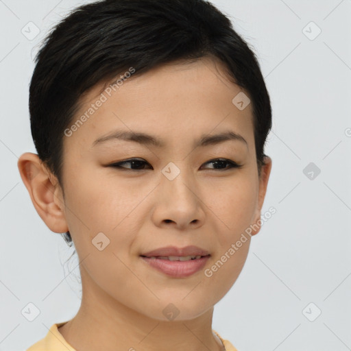 Joyful asian young-adult female with short  brown hair and brown eyes