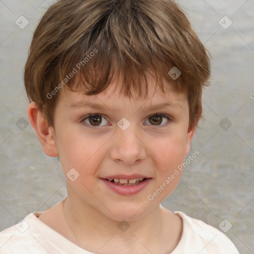 Joyful white child female with short  brown hair and brown eyes