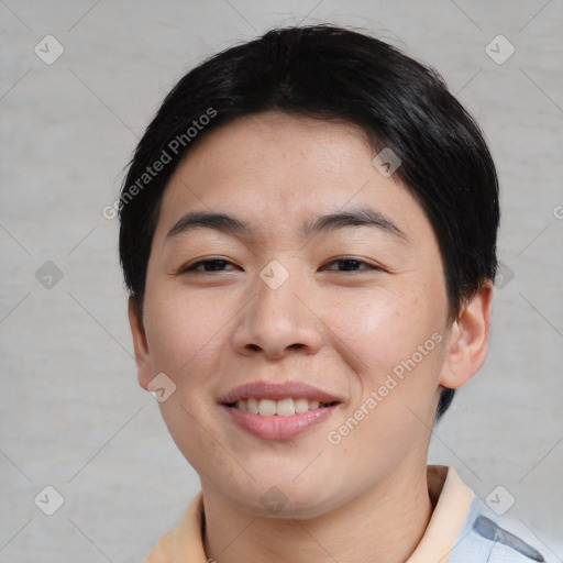 Joyful asian young-adult female with medium  black hair and brown eyes