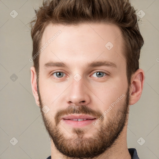 Neutral white young-adult male with short  brown hair and grey eyes