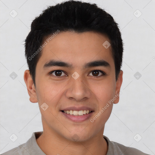 Joyful white young-adult male with short  black hair and brown eyes