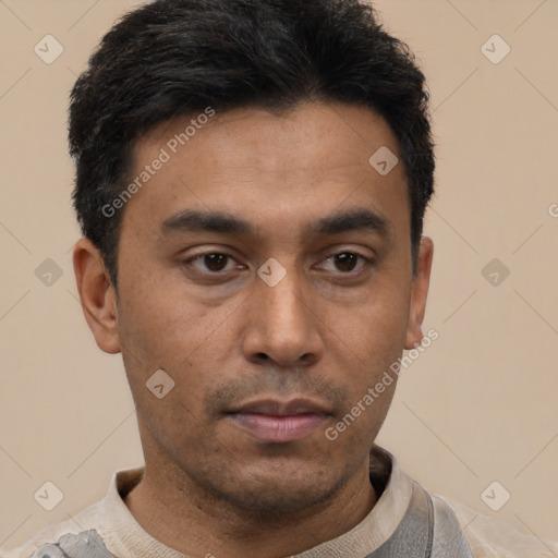 Neutral latino young-adult male with short  black hair and brown eyes