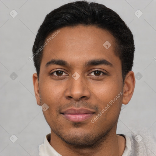 Neutral latino young-adult male with short  black hair and brown eyes