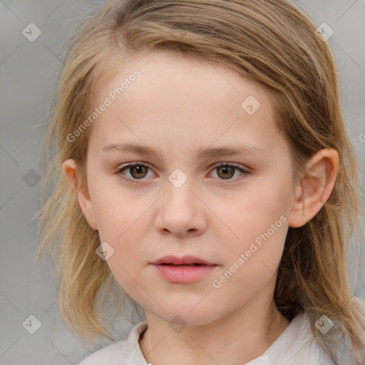 Neutral white child female with medium  brown hair and blue eyes