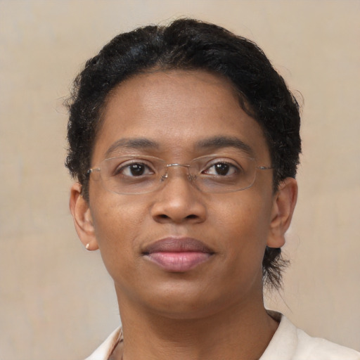 Neutral black young-adult female with short  brown hair and brown eyes