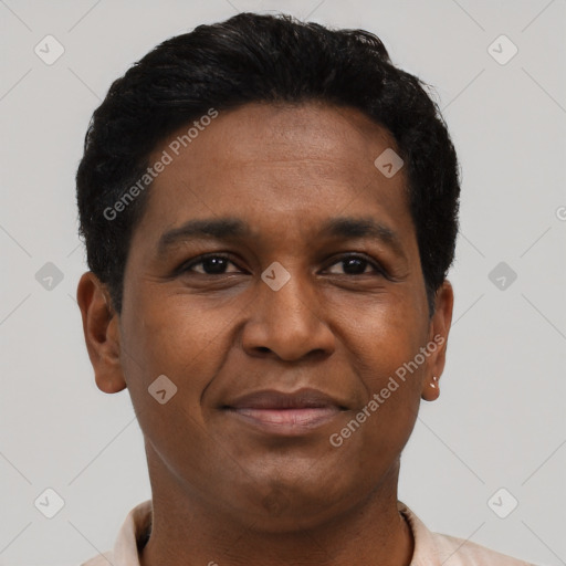 Joyful black young-adult male with short  brown hair and brown eyes
