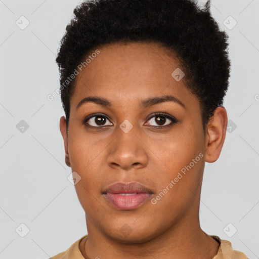 Neutral black young-adult female with short  brown hair and brown eyes