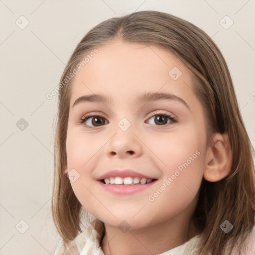 Joyful white child female with medium  brown hair and brown eyes