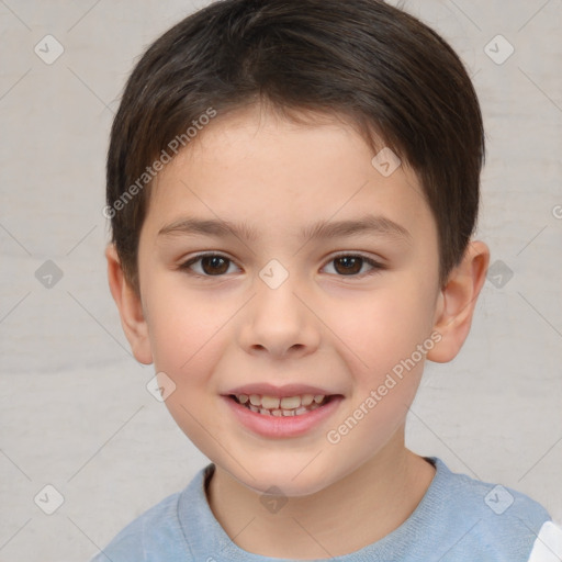 Joyful white child female with short  brown hair and brown eyes