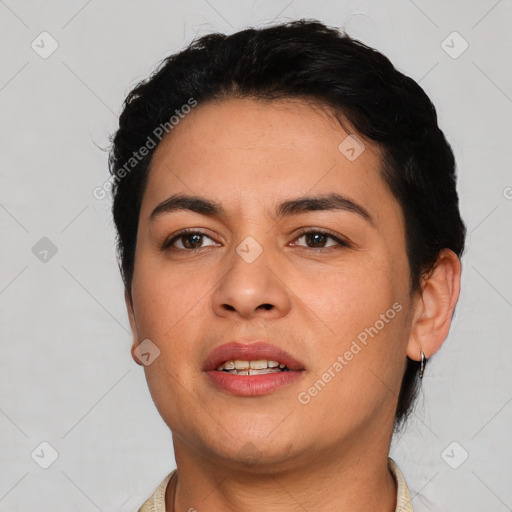 Joyful white young-adult female with short  black hair and brown eyes