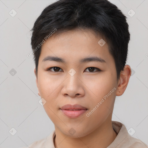 Neutral asian young-adult female with short  brown hair and brown eyes