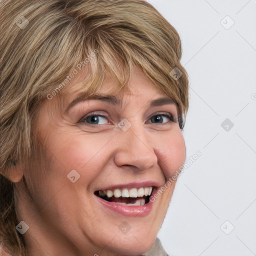 Joyful white young-adult female with medium  brown hair and blue eyes