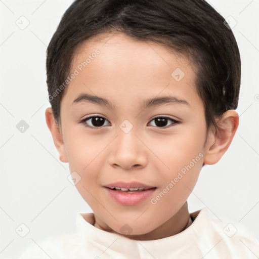 Joyful white child female with short  brown hair and brown eyes