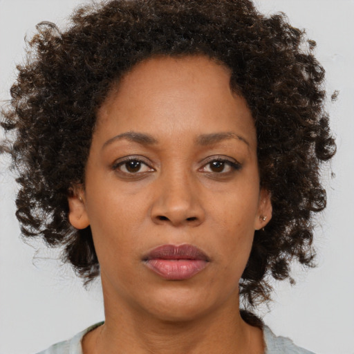 Neutral black adult female with medium  brown hair and brown eyes