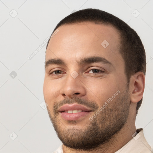 Neutral white young-adult male with short  black hair and brown eyes