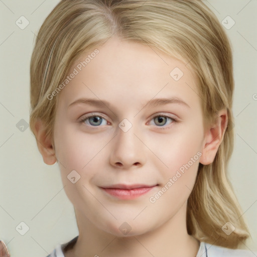 Joyful white child female with medium  brown hair and grey eyes