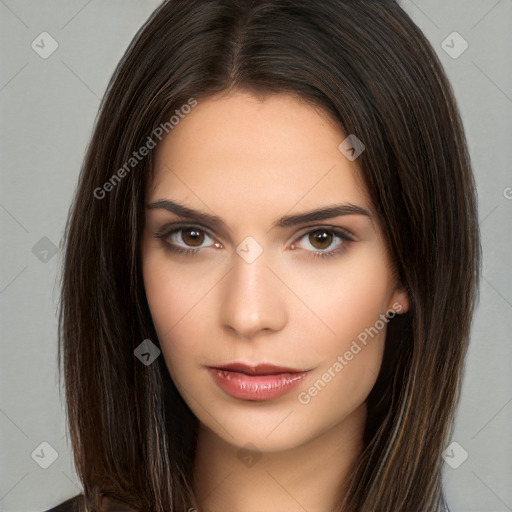 Neutral white young-adult female with long  brown hair and brown eyes