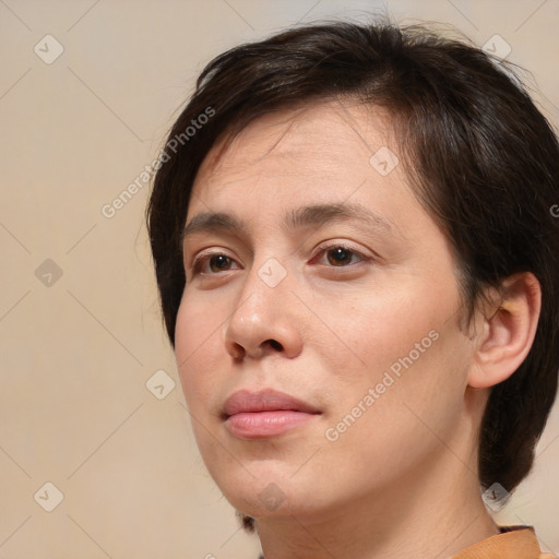 Neutral white young-adult female with medium  brown hair and brown eyes