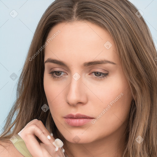 Neutral white young-adult female with long  brown hair and brown eyes