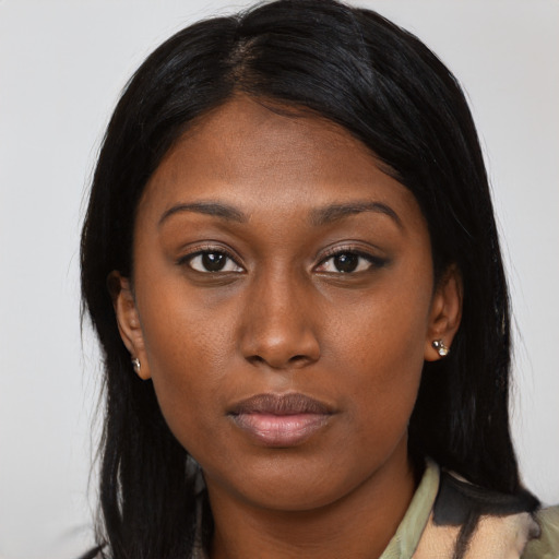 Neutral asian young-adult female with long  black hair and brown eyes