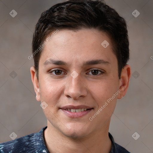 Joyful white young-adult male with short  brown hair and brown eyes