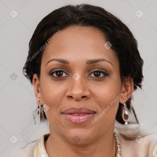 Joyful white adult female with medium  brown hair and brown eyes