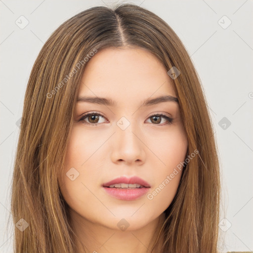 Neutral white young-adult female with long  brown hair and brown eyes