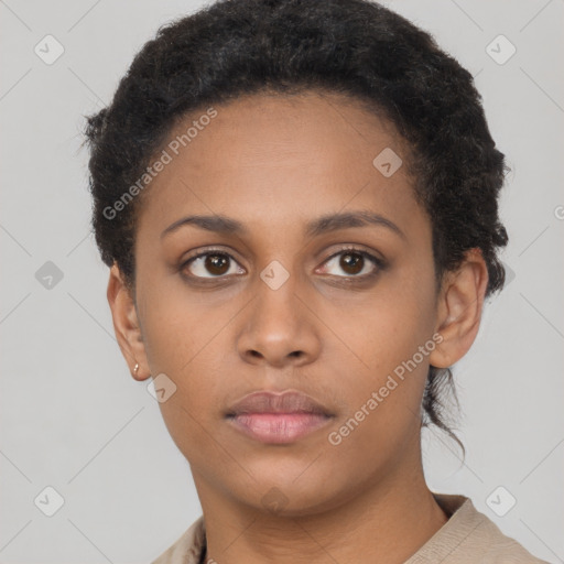 Neutral black young-adult female with short  brown hair and brown eyes