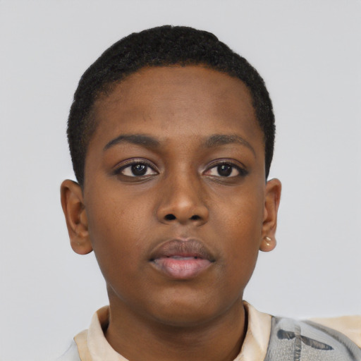 Neutral black young-adult female with short  black hair and brown eyes
