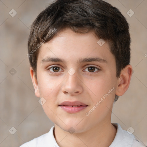 Joyful white child male with short  brown hair and brown eyes