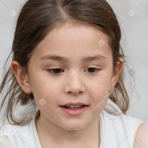 Joyful white child female with medium  brown hair and brown eyes