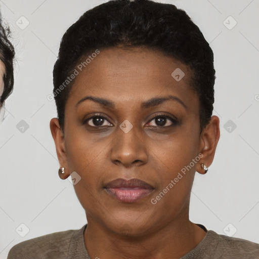 Neutral black young-adult female with short  brown hair and brown eyes