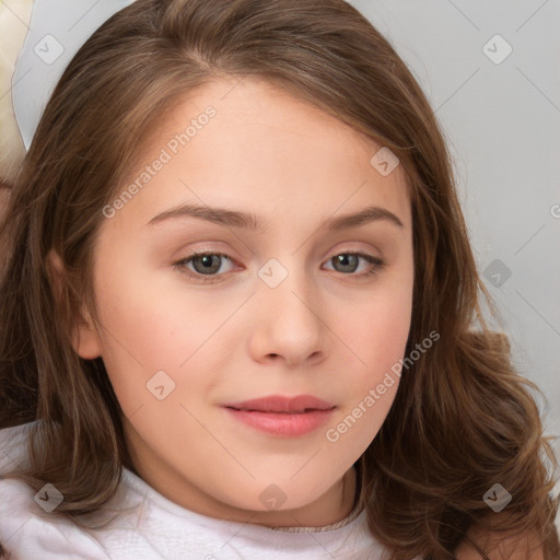 Joyful white child female with medium  brown hair and brown eyes