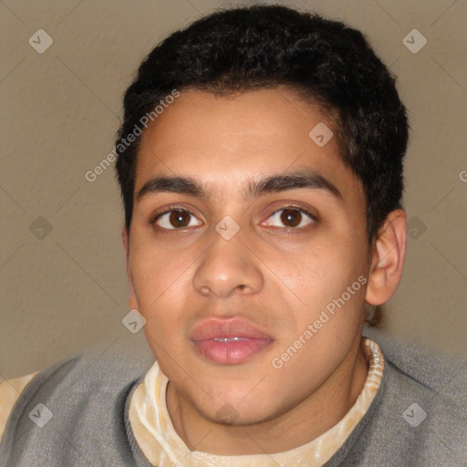 Neutral white young-adult male with short  black hair and brown eyes