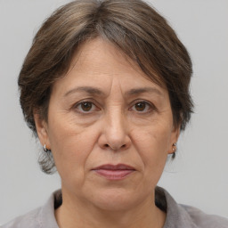 Joyful white middle-aged female with medium  brown hair and brown eyes