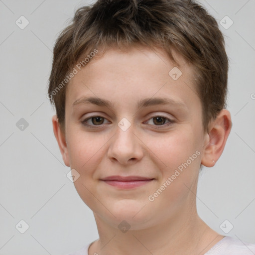 Joyful white child female with short  brown hair and brown eyes