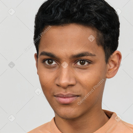 Neutral latino young-adult male with short  black hair and brown eyes