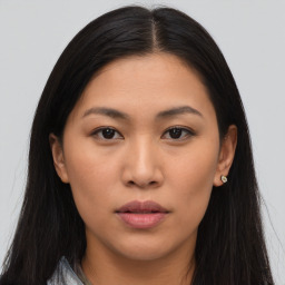 Neutral asian young-adult female with long  brown hair and brown eyes