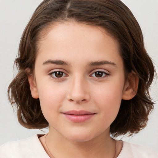 Joyful white child female with medium  brown hair and brown eyes