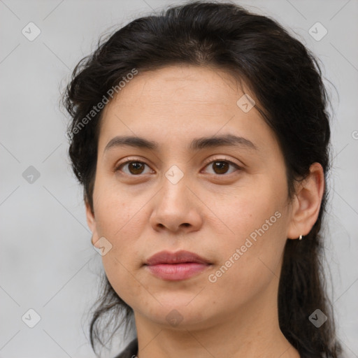 Neutral white young-adult female with medium  brown hair and brown eyes