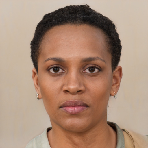Neutral black young-adult female with short  black hair and brown eyes