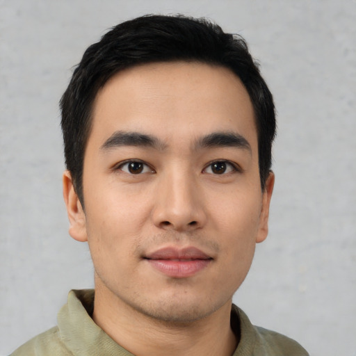 Neutral asian young-adult male with short  black hair and brown eyes