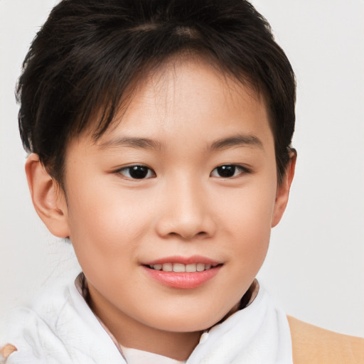 Joyful white child female with short  brown hair and brown eyes