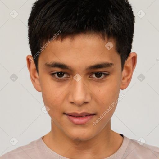 Joyful white child male with short  brown hair and brown eyes