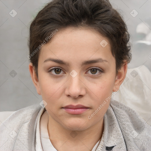 Neutral white young-adult female with short  brown hair and brown eyes