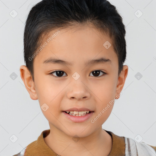 Joyful white child female with short  brown hair and brown eyes